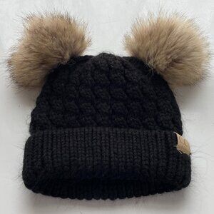 C C Kids Black Beanie Winter Hat with Faux Fur Pom Poms